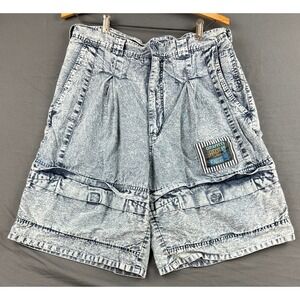 Graffiti Sport Cargo Shorts Mens 36 Blue Acid Wash Denim Vintage 90s Pleated